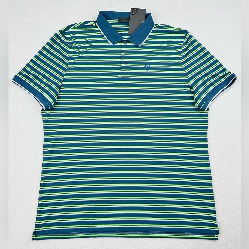 G/Fore Men’s XL Blue Green Stripe Tech Golf Prep Performance Jersey Polo Shirt - Picture 2 of 11